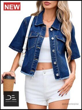Short Sleeve Cropped Denim Jacket Frayed Hem Button Down
